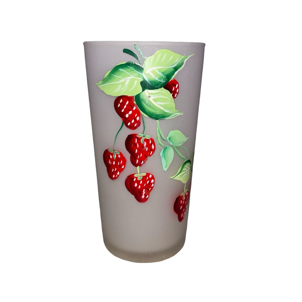 Vintage Frosted Drinking Glass Strawberry Tumbler Hand Painted Red Berries